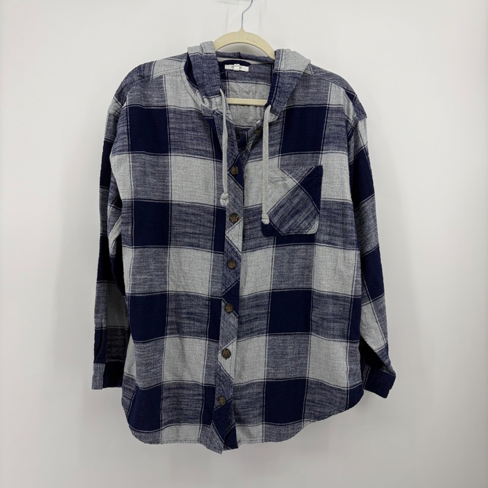 Maurices Womens Large Blue Gray Plaid Hooded Flannel Button Up Shirt